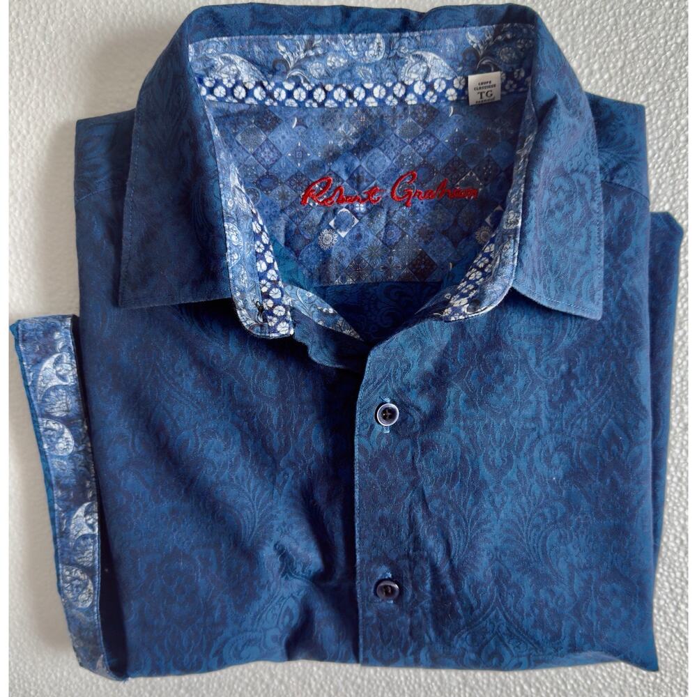 Robert Graham Blue Damask Floral Jacquard Short Sleeve Button-Up Shirt Large